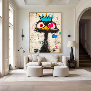 Large Abstract Crown Bird Urban Graffiti Oil Painting Basquiat Inspired Contemporary Wall Art for Modern Home Decor
