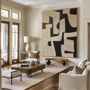 Large Geometric Abstract Oil Painting – Modern Beige and Black Canvas Art Hand Painted for Living Room Decor