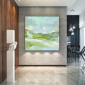 Large Mint Green Abstract Canvas Wall Art Modern Nature Mountain Painting for Interior Decor