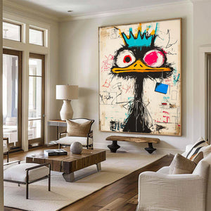 Large Abstract Crown Bird Urban Graffiti Oil Painting Basquiat Inspired Contemporary Wall Art for Modern Home Decor