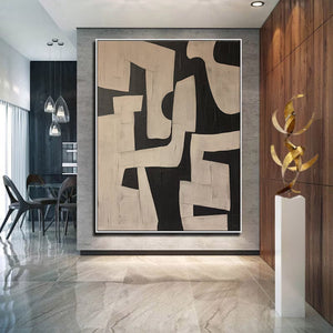 Large Geometric Abstract Oil Painting – Modern Beige and Black Canvas Art Hand Painted for Living Room Decor