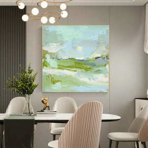 Large Mint Green Abstract Canvas Wall Art Modern Nature Mountain Painting for Interior Decor