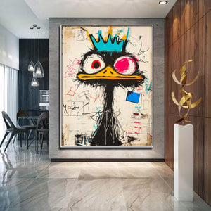 Large Abstract Crown Bird Urban Graffiti Oil Painting Basquiat Inspired Contemporary Wall Art for Modern Home Decor