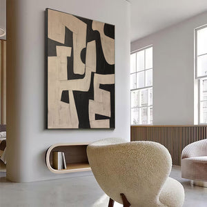 Large Geometric Abstract Oil Painting – Modern Beige and Black Canvas Art Hand Painted for Living Room Decor