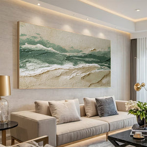 Large Abstract Ocean Wave Oil Painting Textured Green Coastal Canvas Wall Art for Living Room Decor