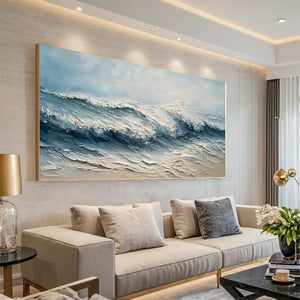 Large Wabi-Sabi Textured Beach Wave Canvas Wall Art Textured Oil Painting for Bedroom & Entryway Decor