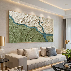 Large Textured River Landscape Oil Painting Green Abstract Canvas Wall Art for Living Room Decor