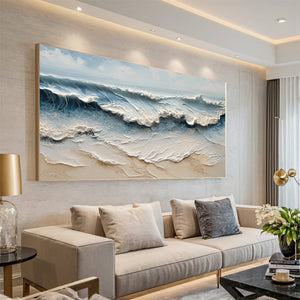 Large 3D Textured Ocean Wave Hand-Painted Oil Painting Coastal Canvas Wall Art for Living Room Decor