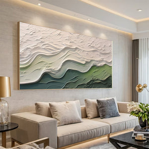 Large Wabi-Sabi Textured Green Wave of Nature Canvas Wall Art Textured Oil Painting for Bedroom & Entryway Decor