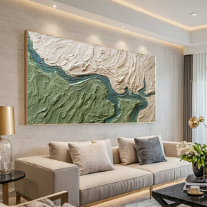 Large Abstract River Oil Painting Textured Green Canvas Wall Art for Contemporary Home Decor