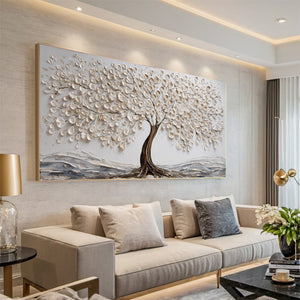 Large Tree of Life Oil Painting Textured White Tree Canvas Wall Art for Living Room Decor