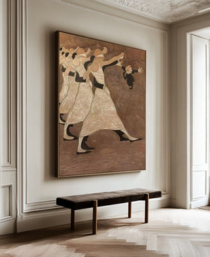 Large Vintage Dancing Figures & Puppet Figurative Oil Painting Folk Art Canvas Wall Art for Living Room Decor