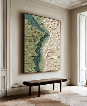 Large Abstract River Landscape Oil Painting Green Textured Terrain Canvas Wall Art for Living Room Decor
