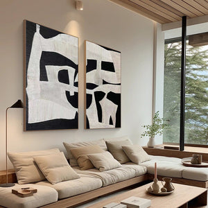 Set of 2 Large Black & White Abstract Textured Canvas Wall Art Modern Minimalist Painting for Living Room Decor