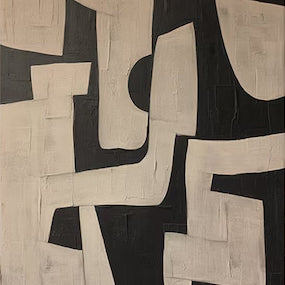 Large Geometric Abstract Oil Painting – Modern Beige and Black Canvas Art Hand Painted for Living Room Decor