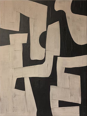 Large Geometric Abstract Oil Painting – Modern Beige and Black Canvas Art Hand Painted for Living Room Decor