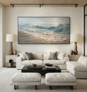 Large Horizontal Textured Ocean Wave Canvas Wall Art Wabi-Sabi Coastal Art for Living Room Decor