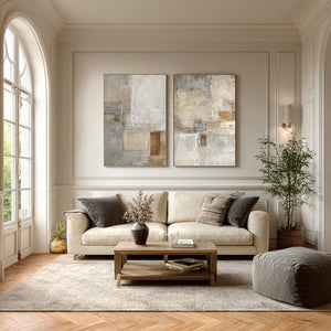 Large Minimalist Neutral Abstract Duo Canvas Wall Art Textured Oil Painting for Entryway & Study Decor