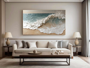 Large Minimalist Textured Shoreline Wave Canvas Wall Art Textured Painting for Entryway & Bedroom Decor