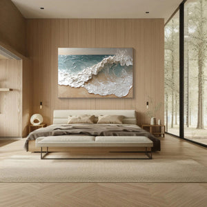 Large Minimalist Textured Shoreline Wave Canvas Wall Art Textured Painting for Entryway & Bedroom Decor