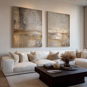 Large Minimalist Neutral Abstract Duo Canvas Wall Art Textured Oil Painting for Entryway & Study Decor