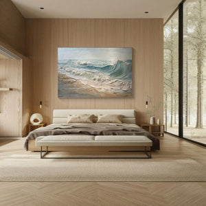 Large Horizontal Textured Ocean Wave Canvas Wall Art Wabi-Sabi Coastal Art for Living Room Decor
