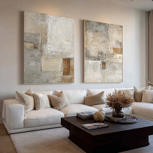 Large Minimalist Neutral Abstract Duo Canvas Wall Art Textured Oil Painting for Entryway & Study Decor