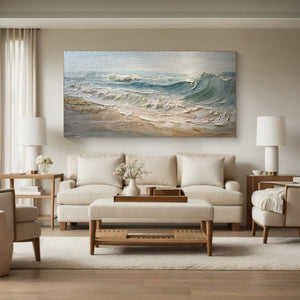 Large Horizontal Textured Ocean Wave Canvas Wall Art Wabi-Sabi Coastal Art for Living Room Decor