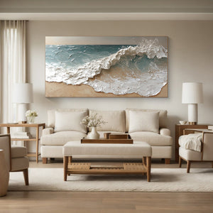 Large Minimalist Textured Shoreline Wave Canvas Wall Art Textured Painting for Entryway & Bedroom Decor