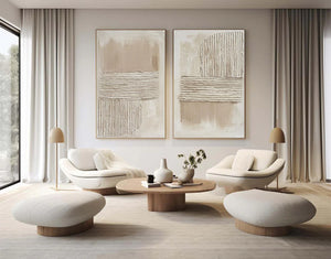 Set of 2 Modern Textured Neutral Tone Canvas Wall Art Beige White Textured Painting for Home & Office Decor