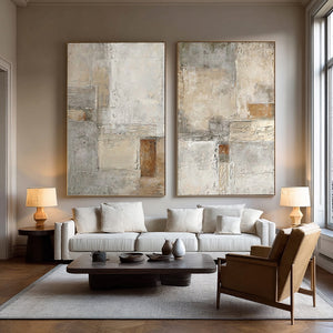 Large Minimalist Neutral Abstract Duo Canvas Wall Art Textured Oil Painting for Entryway & Study Decor