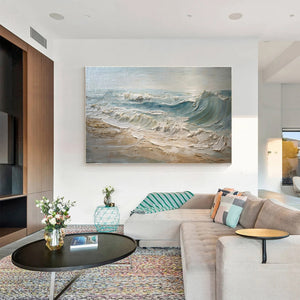 Large Horizontal Textured Ocean Wave Canvas Wall Art Wabi-Sabi Coastal Art for Living Room Decor