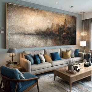 Large Wabi-Sabi Abstract City Reflection Canvas Art Textured Painting for Entryway & Office Decor