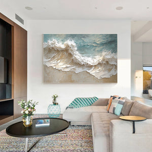 Large Horizontal Textured Coastal Wave Canvas Wall Art Wabi-Sabi Ocean Art for Living Room Decor