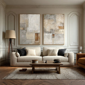 Large Minimalist Neutral Abstract Duo Canvas Wall Art Textured Oil Painting for Entryway & Study Decor