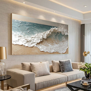 Large Minimalist Textured Shoreline Wave Canvas Wall Art Textured Painting for Entryway & Bedroom Decor