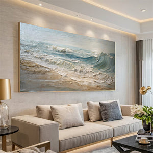 Large Horizontal Textured Ocean Wave Canvas Wall Art Wabi-Sabi Coastal Art for Living Room Decor