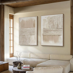 Set of 2 Modern Textured Neutral Tone Canvas Wall Art Beige White Textured Painting for Home & Office Decor