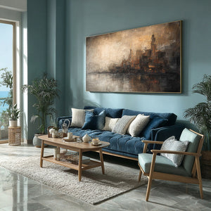 Large Wabi-Sabi Abstract City Reflection Canvas Art Textured Painting for Entryway & Office Decor