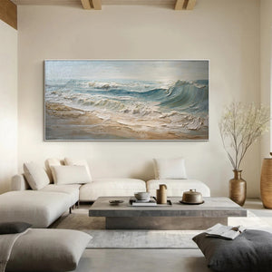 Large Horizontal Textured Ocean Wave Canvas Wall Art Wabi-Sabi Coastal Art for Living Room Decor