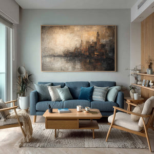 Large Wabi-Sabi Abstract City Reflection Canvas Art Textured Painting for Entryway & Office Decor