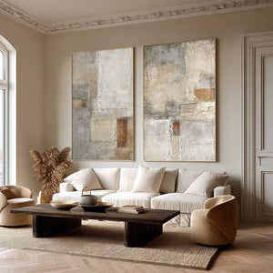 Large Minimalist Neutral Abstract Duo Canvas Wall Art Textured Oil Painting for Entryway & Study Decor