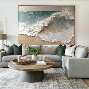 Large Minimalist Textured Shoreline Wave Canvas Wall Art Textured Painting for Entryway & Bedroom Decor