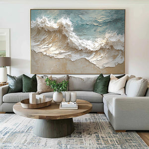 Large Horizontal Textured Coastal Wave Canvas Wall Art #VRA 210