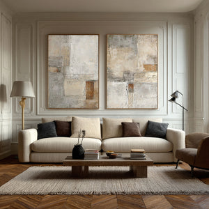 Large Minimalist Neutral Abstract Duo Canvas Wall Art Textured Oil Painting for Entryway & Study Decor