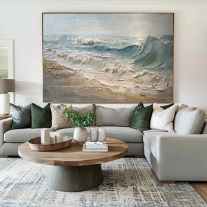 Large Horizontal Textured Ocean Wave Canvas Wall Art Wabi-Sabi Coastal Art for Living Room Decor