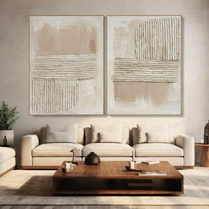 Set of 2 Modern Textured Neutral Tone Canvas Wall Art Beige White Textured Painting for Home & Office Decor