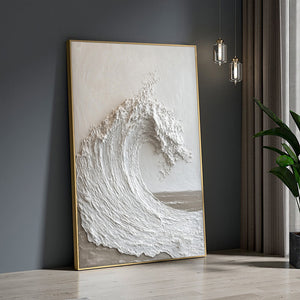 Large 3D Textured Ocean Wave Hand-Painted Oil Painting Minimalist White Canvas Wall Art for Living Room Decor