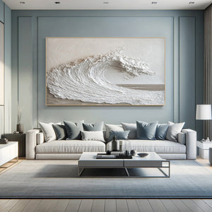 Large 3D Textured Ocean Wave Hand-Painted Oil Painting Minimalist White Canvas Wall Art for Living Room Decor