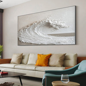 Large 3D Textured Ocean Wave Hand-Painted Oil Painting Minimalist White Canvas Wall Art for Living Room Decor